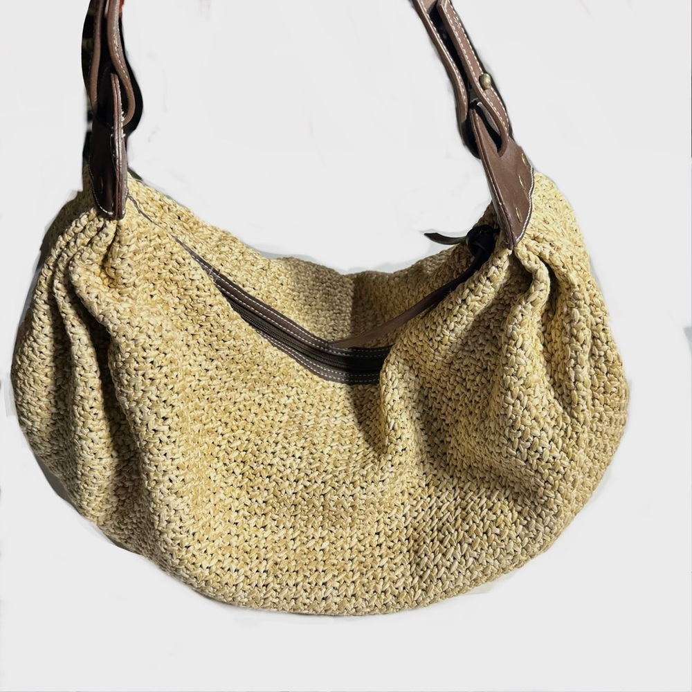 Ann Taylor LOFT Straw Hobo Handbag Bag Beige Brown Trim Boho Chic Summer Beachy
